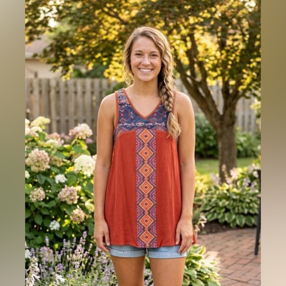 THML dress or tunic-length shirt XS extra small embroidered, orange and blue